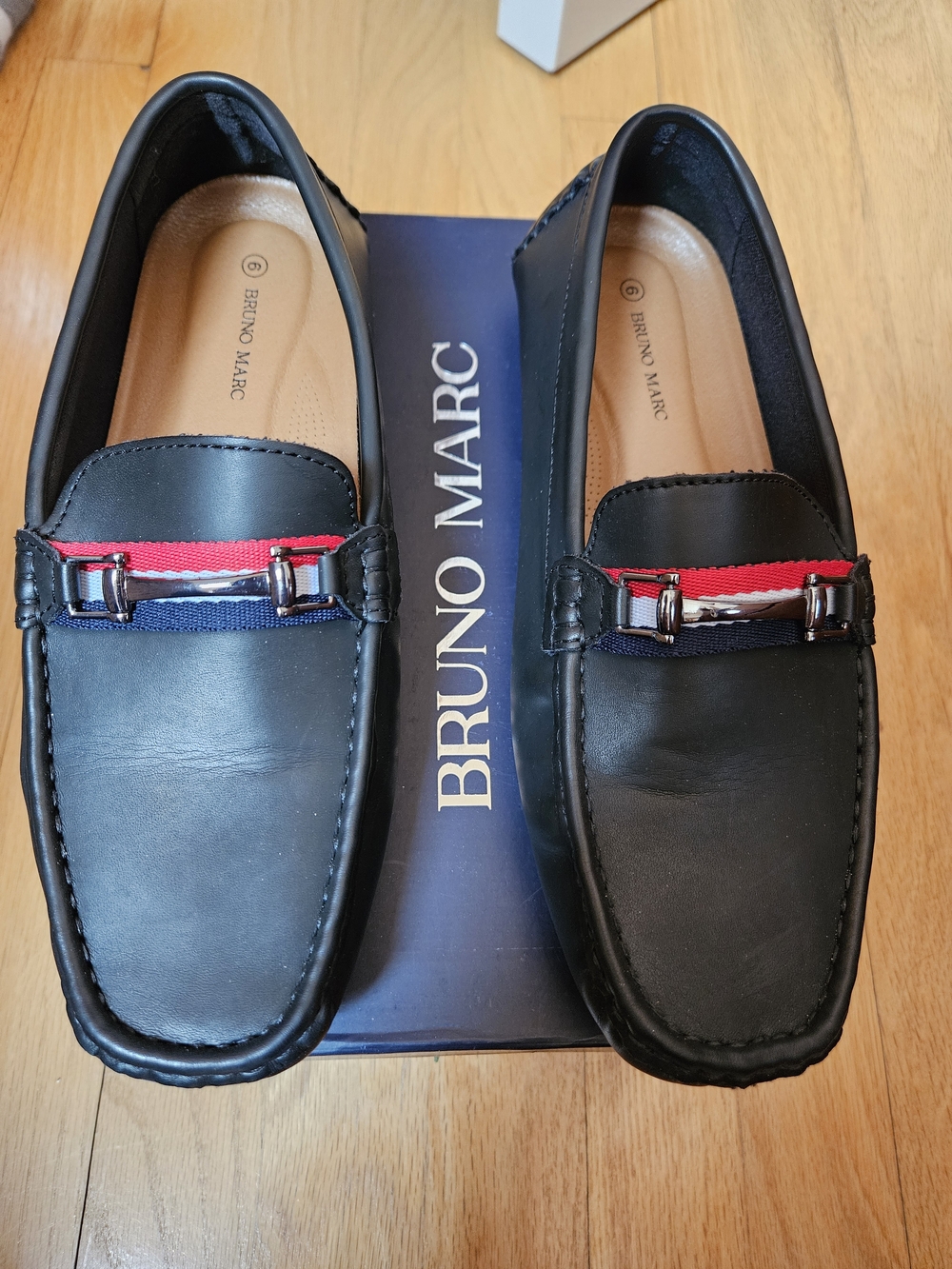Boy's Black Slip-On Driving Loafers with Red & Navy Accent